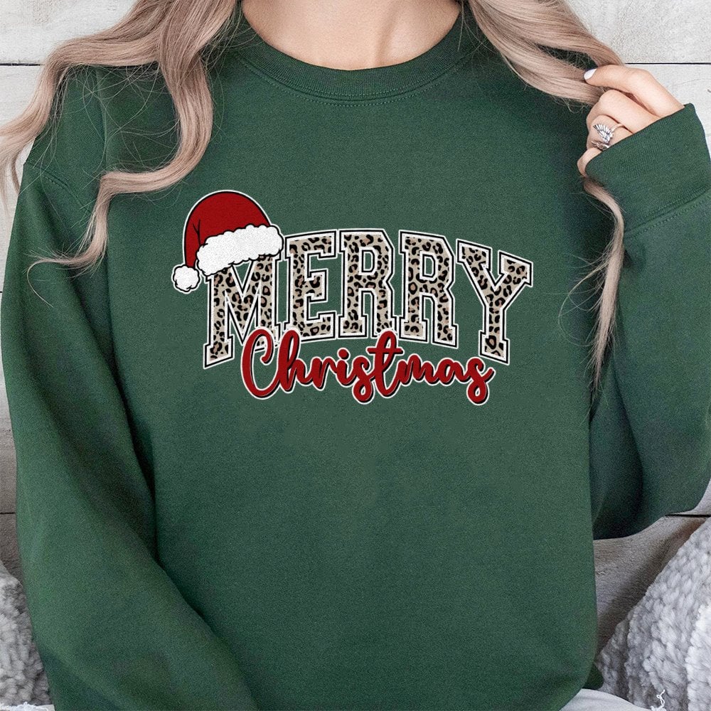 Retro Holiday Santa Hat Crewneck, Merry Christmas Leopard Print Sweatshirt, Leopard Christmas Pullover Sweater, Winter Holida