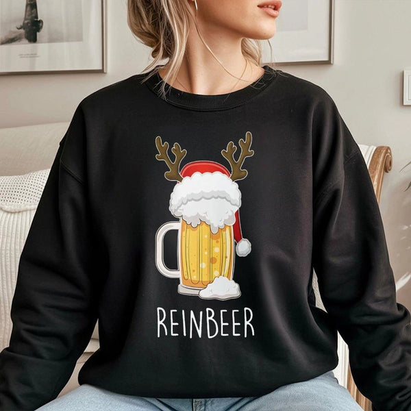 Humorous Beer Reindeer Holiday Crewneck, Reinbeer Christmas Sweatshirt, Ugly Xmas Party Pullover, Humorous Holiday Sweatshirt