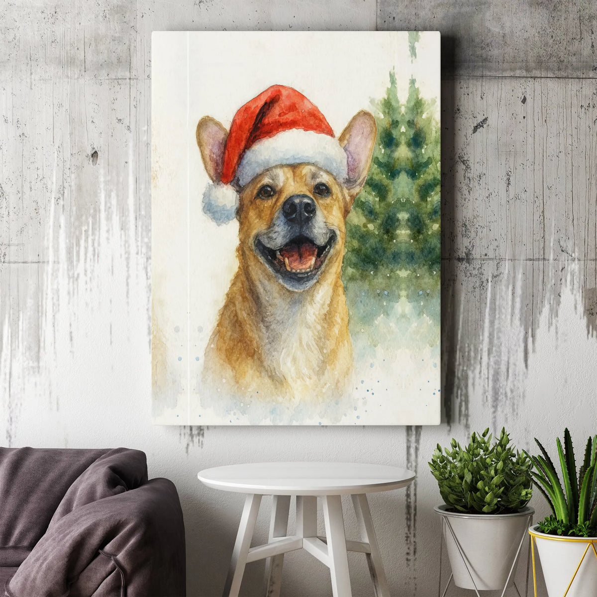 Watercolor Dog in Santa Hat Print, Smiling Christmas Puppy Canvas Art, Adorable Holiday Puppy Wall Decor, Festive Dog Lover C