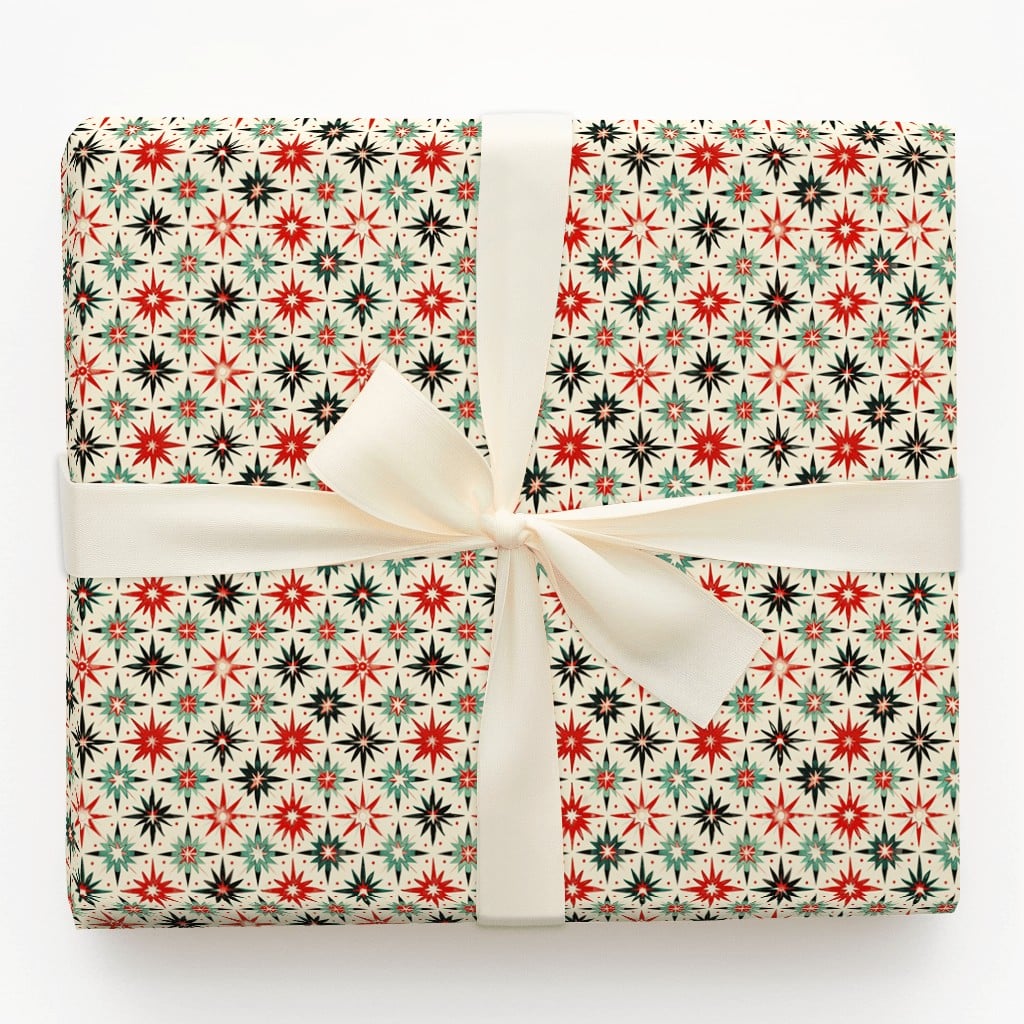 Retro Starburst Gift Wrap, Mid-Century Modern Wrapping Paper, Atomic Star Holiday Wrapping Paper, Vintage Christmas Gift Wrap