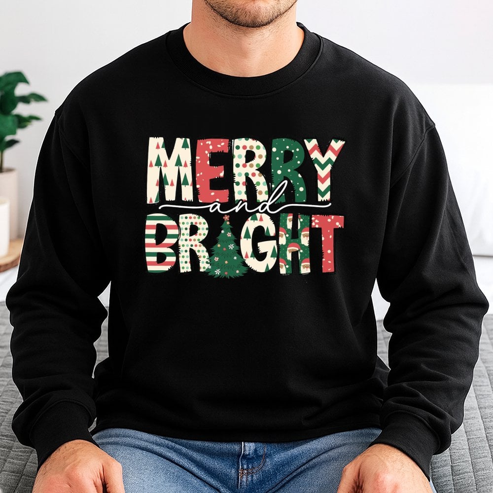 Festive Christmas Tree Sweatshirt, Merry and Bright Sweatshirt, Retro Holiday Season Crewneck, Adorable Winter Holiday Graphi