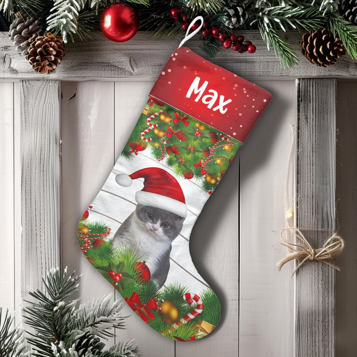 Custom Name Pet Stocking, Personalized Cat Christmas Stocking, Adorable Kitten Christmas Stocking, Pet Lover Fireplace Mantle