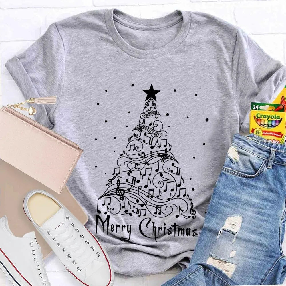 Sheet Music Holiday Tree T-Shirt, Music Teacher Christmas Shirt, Musical Notes Graphic Tee, Choir Director Christmas Present 