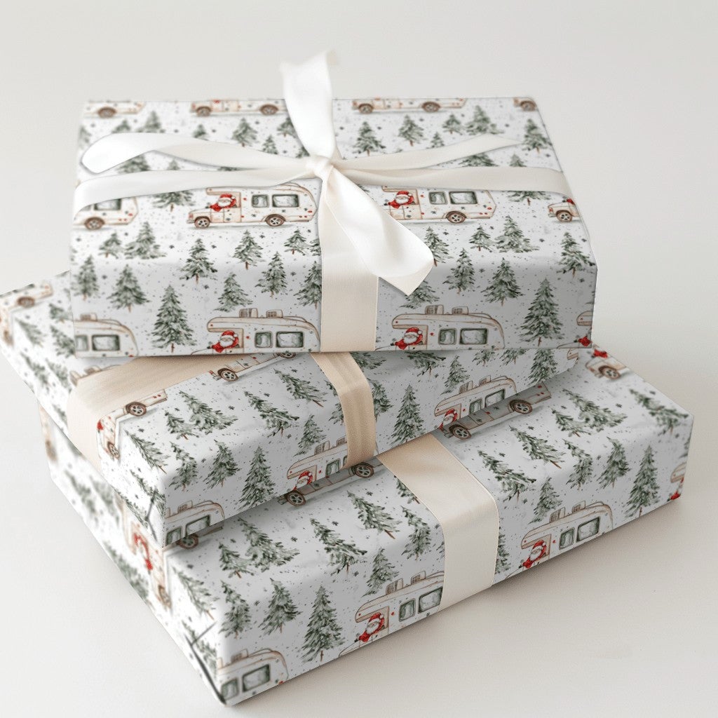RV Road Trip Christmas Gift Wrap, Santa Camper Wrapping Paper, Watercolor Pine Forest Wrapping Paper