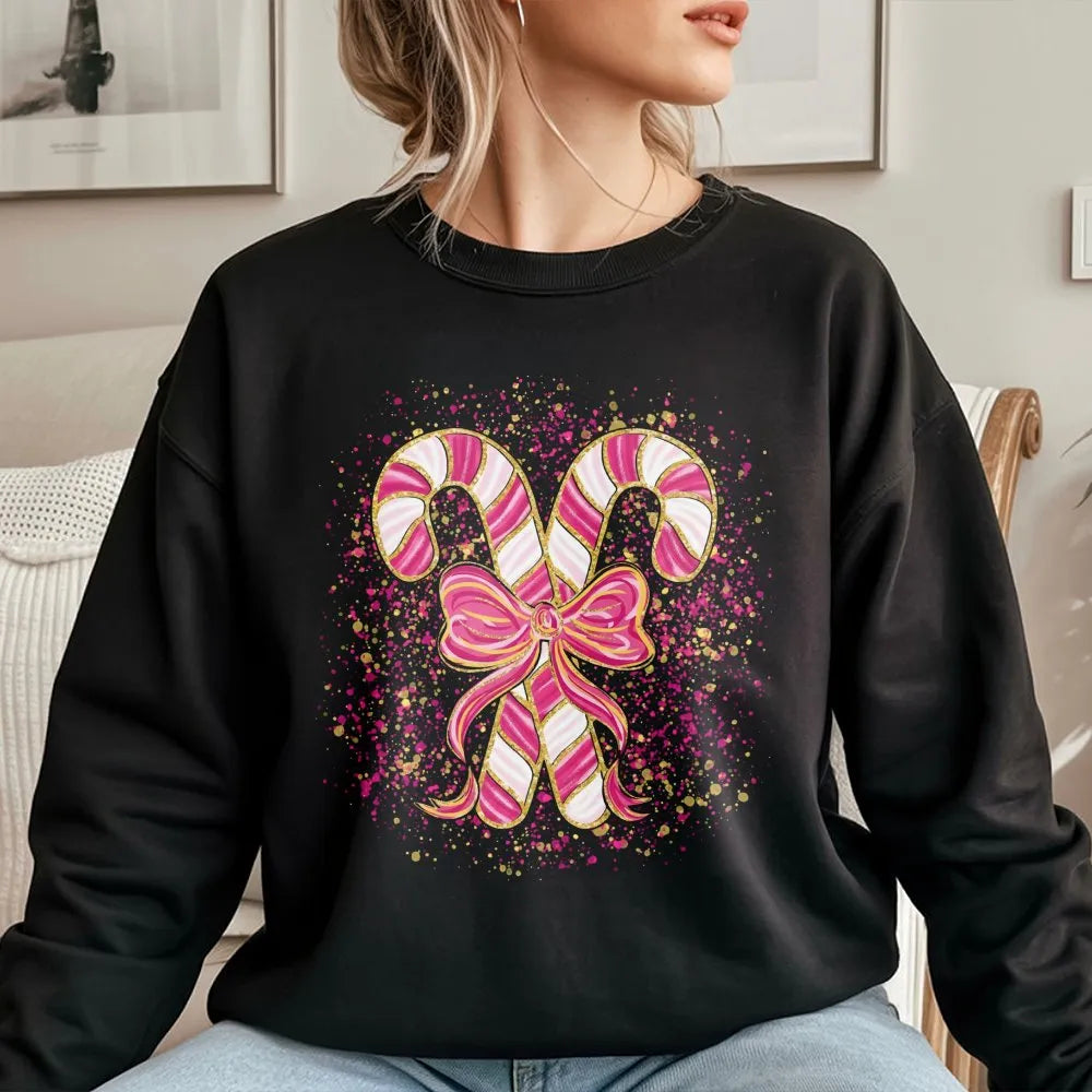Coquette Candy Cane Sweater, Pink Candy Cane Sweatshirt, Pink Holiday Bow Crewneck, Adorable Winter Pullover, Christmas Prese