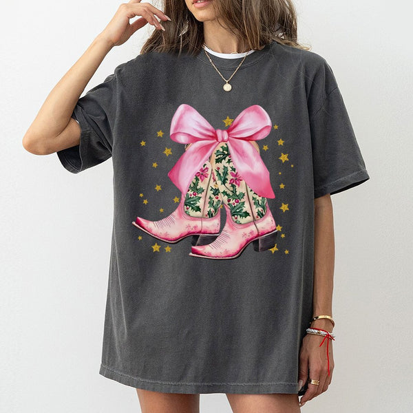 Holiday Western Aesthetic Shirt, Pink Cowboy Boots Christmas T-Shirt, Preppy Cowgirl Graphic Tee, Country Christmas Tee