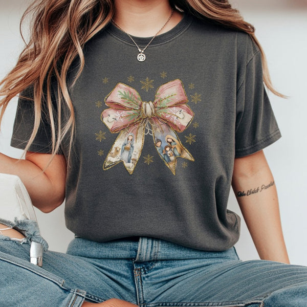 Christian Christmas Graphic Tee, Nativity Scene Coquette Bow T-Shirt, Religious Faith Holy Family Shirt, Holiday Jesus Nativi