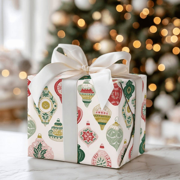 Retro Christmas Ornament Gift Wrap, Vintage Ornament Wrapping Paper, Festive Xmas Ornament Wrapping Paper, Colorful Holiday W