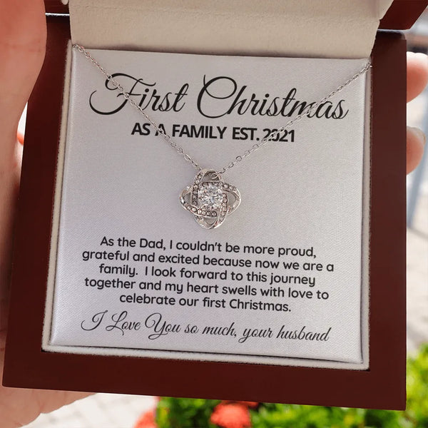 Love Knot Pendant for Wife, First Christmas as a Family Necklace, 14k White Gold Holiday Necklace, New Mom Christmas Present 