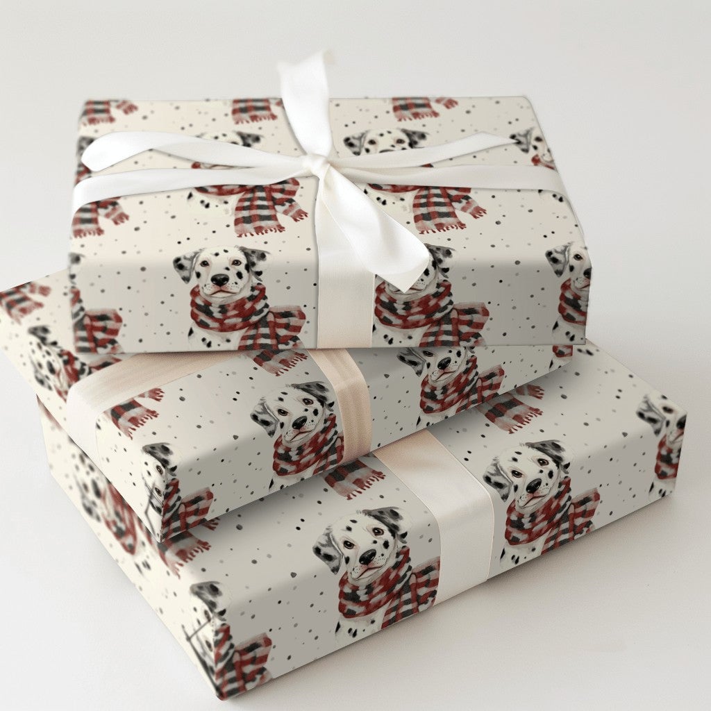 Plaid Scarf Puppy Gift Wrap, Dalmatian Dog Wrapping Paper, Watercolor Dog Wrapping Paper, Adorable Holiday Gift Wrap, Christm