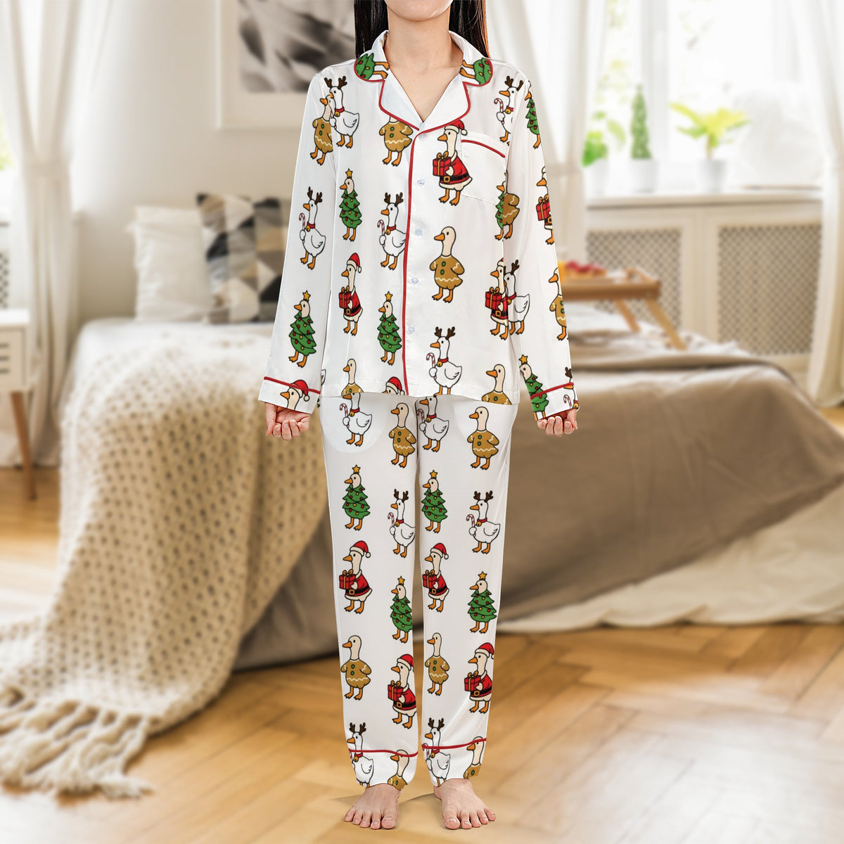Festive Winter Bird Pajamas, Holiday Christmas Goose Satin Pajama Set, Comfy Holiday Loungewear Pajamas, Sleepwear Present fo