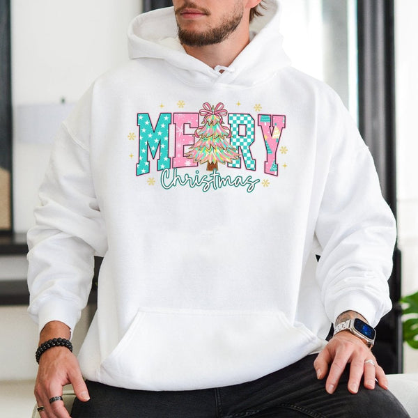 Aesthetic Merry Christmas Pullover, Pastel Checkered Tree Christmas Hoodie, Adorable Pastel Tree Graphic Hoodie, Holiday Wint