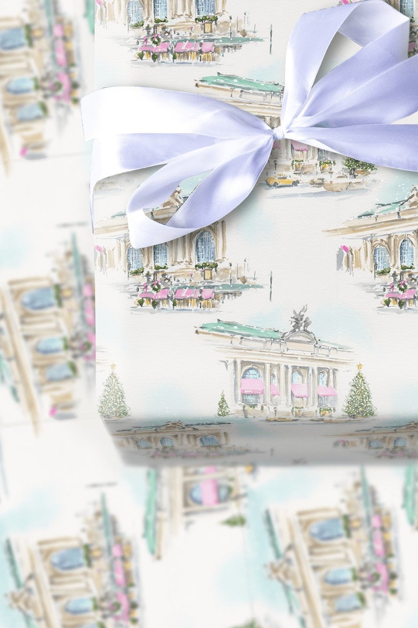Watercolor New York Christmas Wrapping Paper, NYC Grand Central Gift Wrap, Snowy City Yellow Cab Gift Wrapping Paper, Holiday
