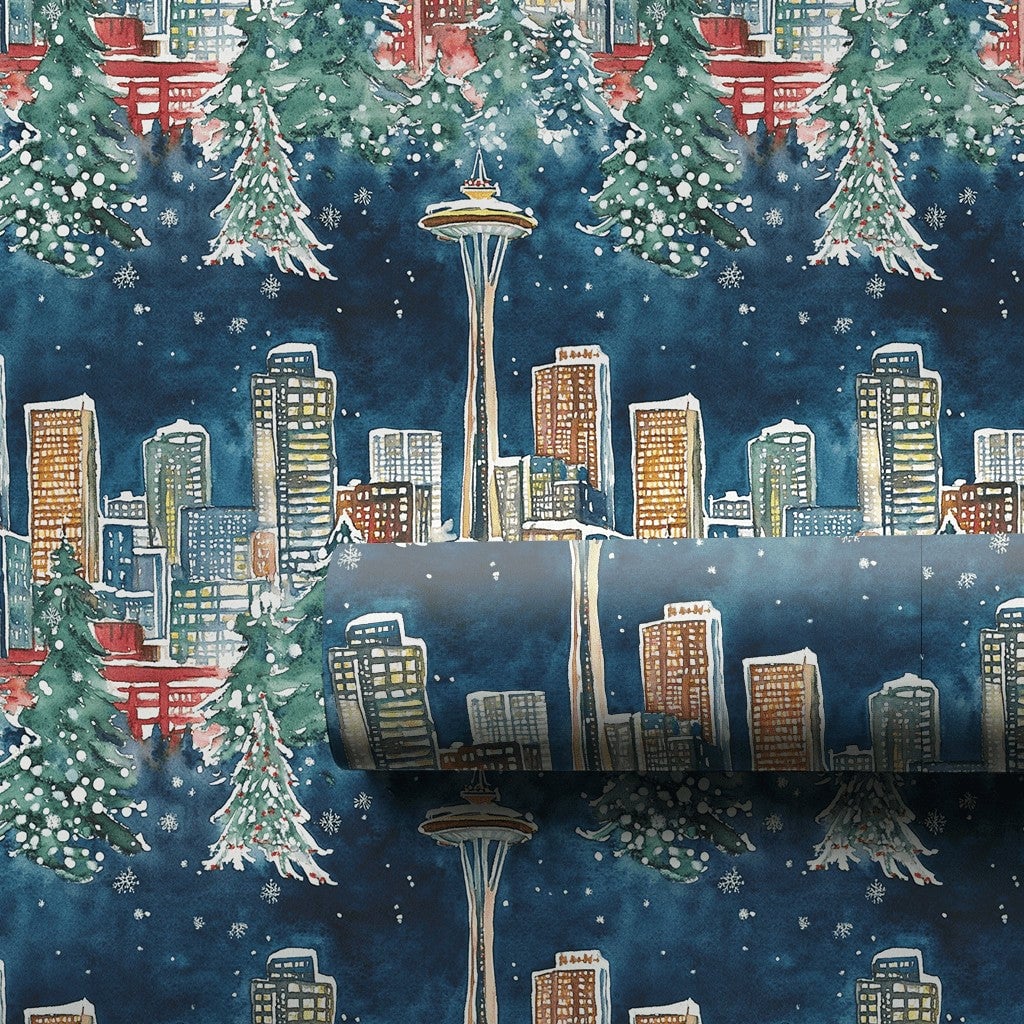 Space Needle Holiday Gift Wrap Roll, Seattle Skyline Christmas Wrapping Paper, Pacific Northwest Winter Wrapping Paper, City 