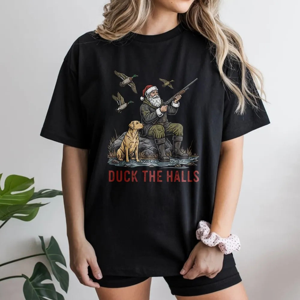 Humorous Duck Hunting Santa Shirt, Duck the Halls Christmas T-Shirt, Hunter Xmas Graphic Tee, Holiday Outdoorsman T-Shirt, Xm