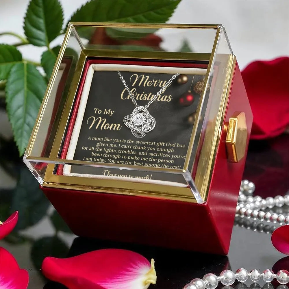 Christmas Rose Box Love Knot Pendant, Love Knot Necklace for Mom, Cubic Zirconia Love Knot Jewelry, Mother Christmas Present 
