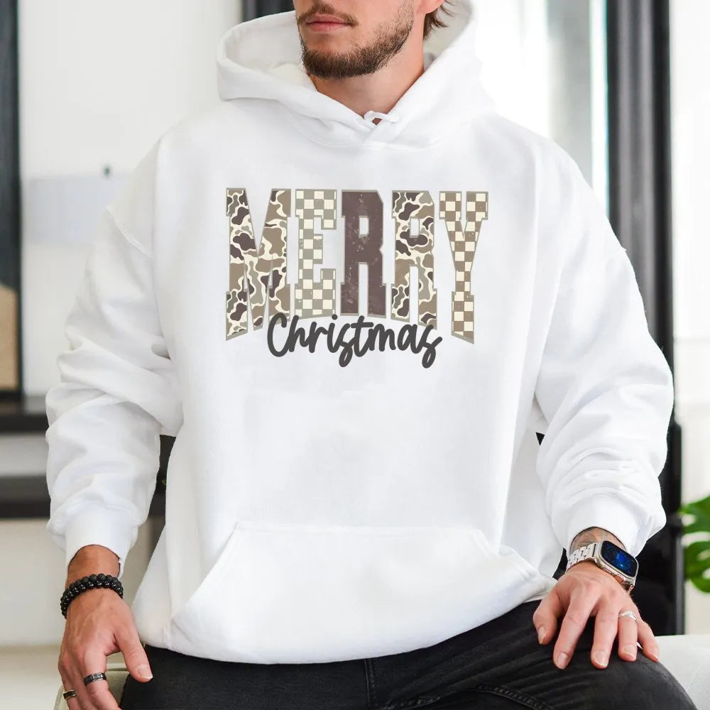 Trendy Camouflage Checkered Hoodie, Merry Christmas Camo Hoodie, Comfy Holiday Graphic Sweatshirt, Winter Festive Pullover Ca