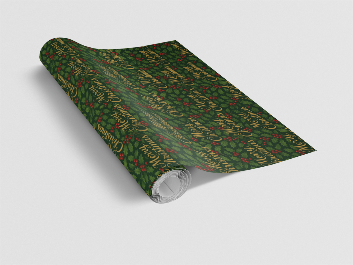 Merry Christmas Script Gift Wrap, Victorian Holly Wrapping Paper, Vintage Holiday Wrapping Paper, Traditional Xmas Gift Wrap 