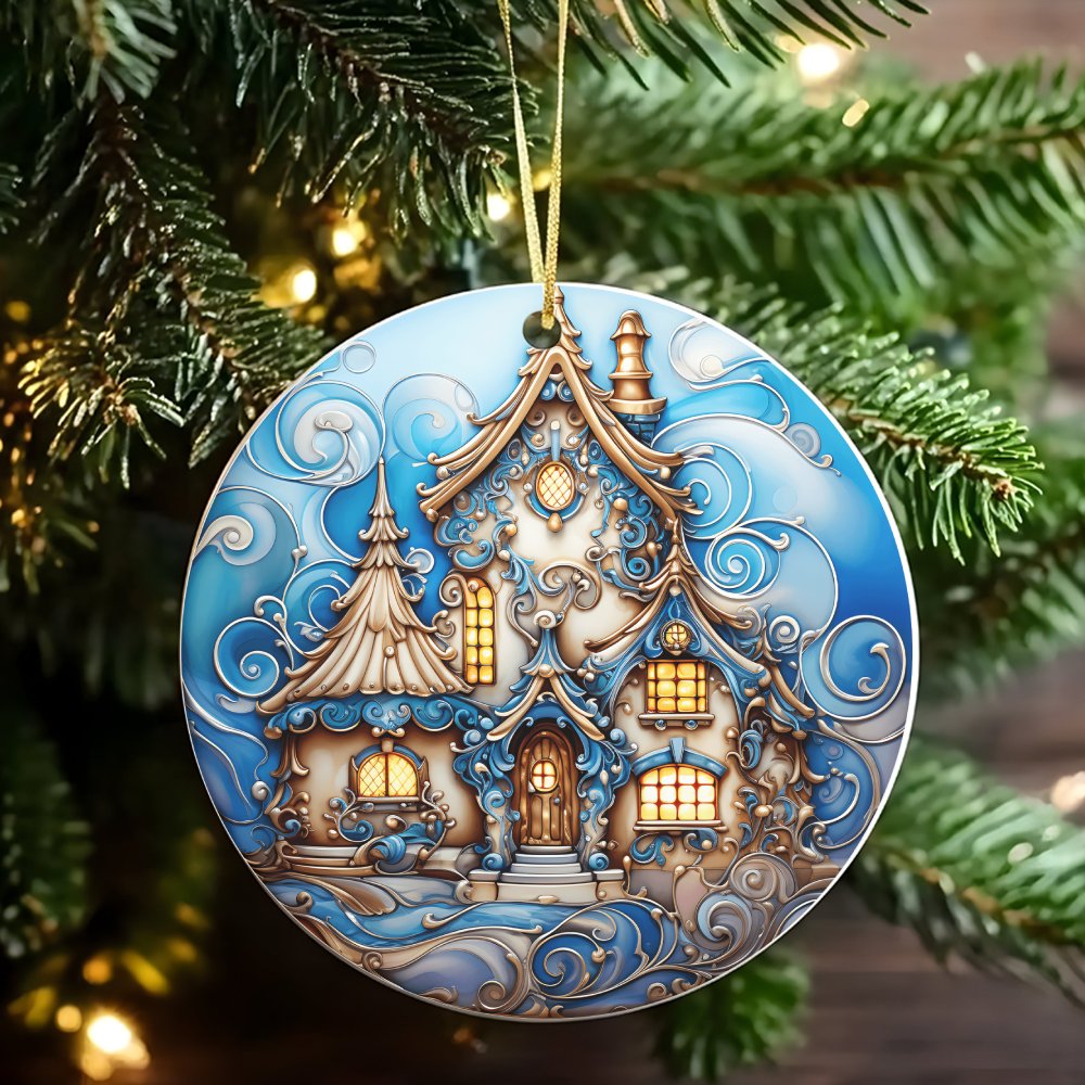 Blue and White Cottage Ornament, Whimsical Winter House Ornament, Comfy Cabin Ceramic Ornament, Holiday Tree Decor, Christmas