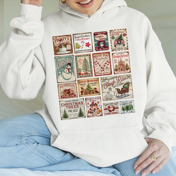 Retro Holiday Stamp Collage Hoodie, Vintage Christmas Stamp Hoodie, Festive Winter Graphic Hooded Sweatshirt, Comfy Christmas