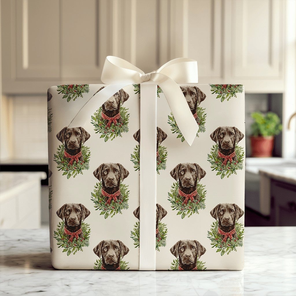 Dog Wreath Holiday Gift Wrap, Chocolate Lab Christmas Wrapping Paper, Labrador Retriever Christmas Wrapping Paper, Pet Lover 