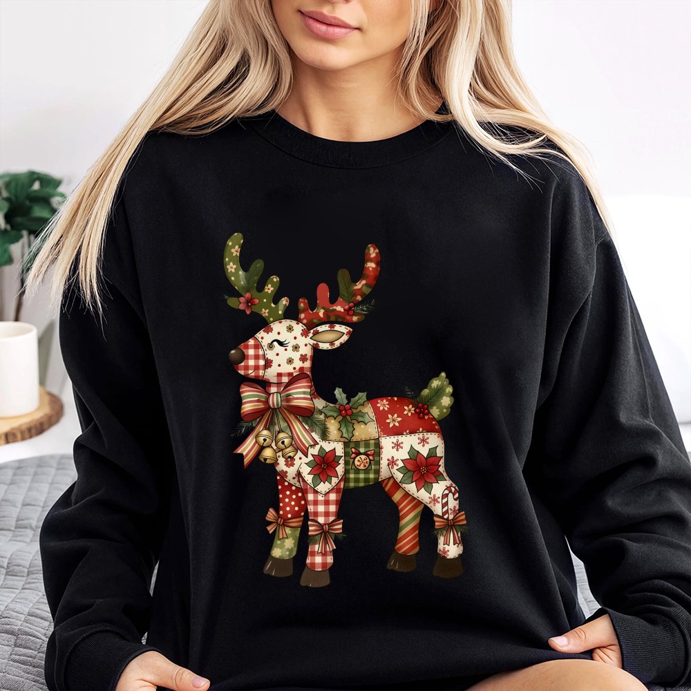 Floral Reindeer Shirt, Patchwork Reindeer Sweatshirt, Festive Christmas Reindeer Sweater, Comfy Holiday Crewneck Sweatshirt, 