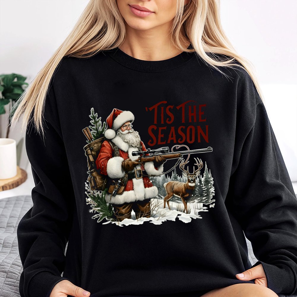 Deer Hunter Christmas Sweater, Tis the Season Santa Hunting Sweatshirt, Humorous Bow Hunting Crewneck, Outdoor Holiday Pullov