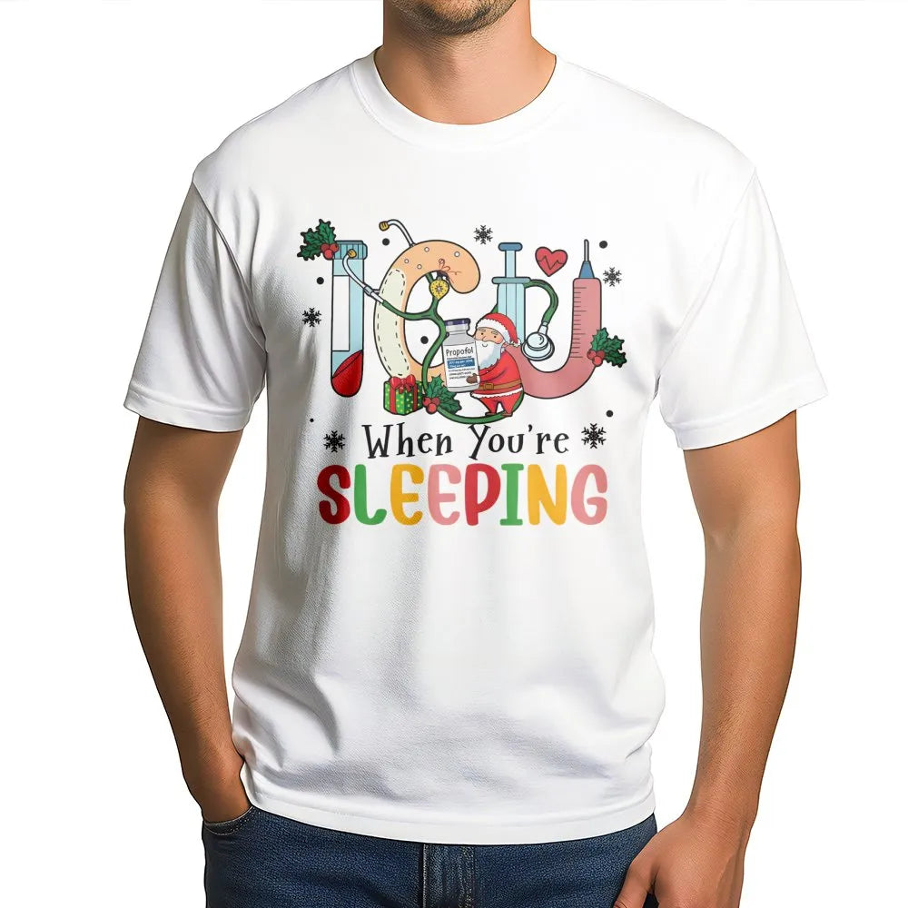Humorous Santa Medical Shirt, ICU Nurse Christmas T-Shirt, Intensive Care Unit RN Tee, Hospital Graphic T-Shirt, Nursing Staf