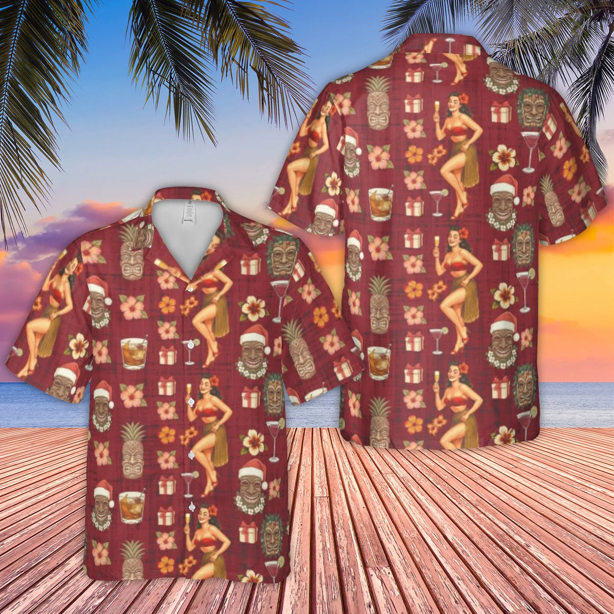 Pin Up Girl Santa Aloha Shirt, Christmas Tiki Hawaiian Shirt, Retro Tropical Holiday Button Down Shirt, Humorous Christmas Pa
