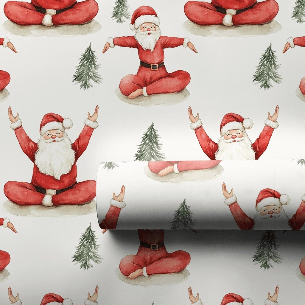 Meditating Santa Christmas Wrapping Paper, Yoga Santa Wrapping Paper, Zen Holiday Gift Wrap Roll, Humorous Festive Meditation