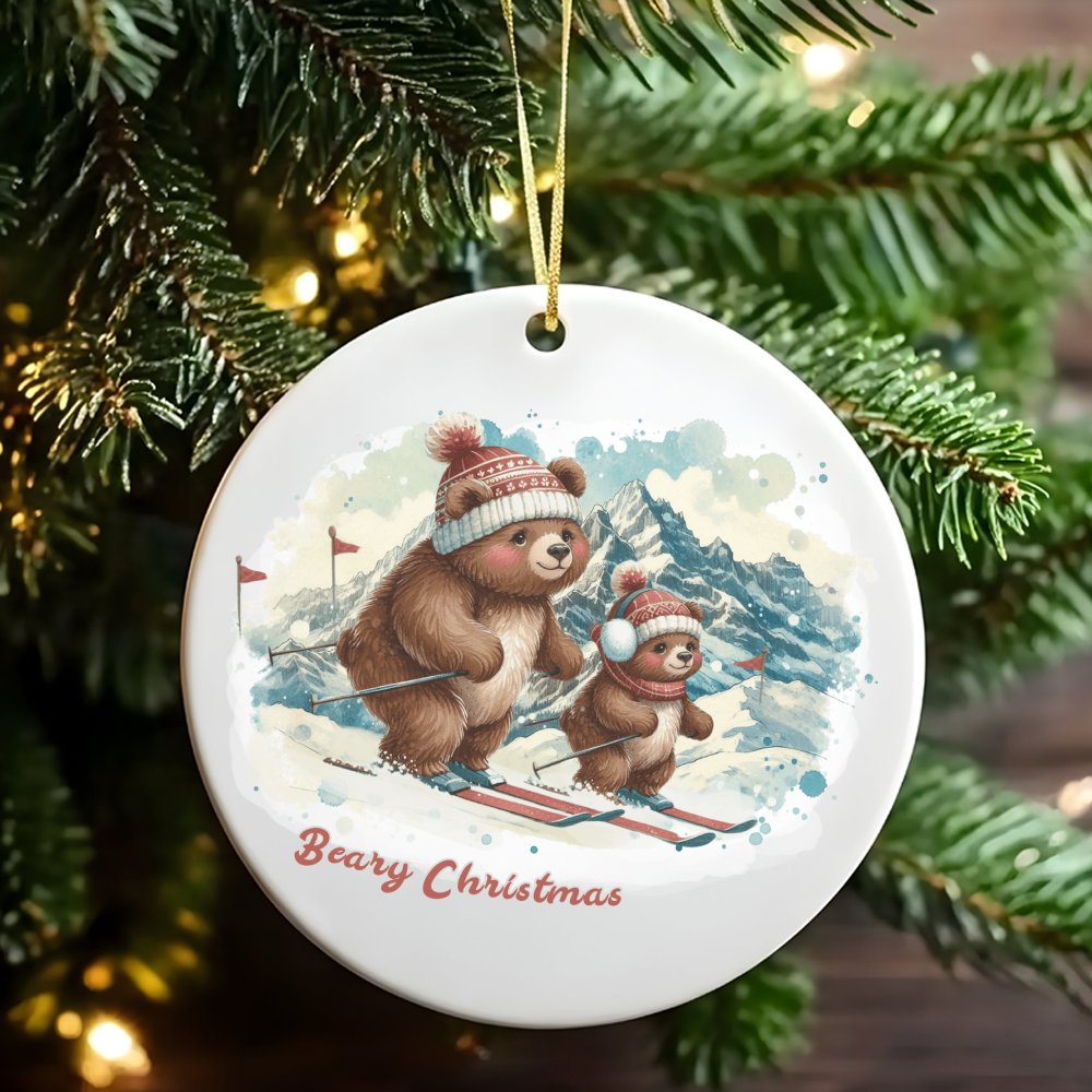 Parent and Baby Bear Tree Ornament, Beary Christmas Skiing Bear Ornament, Adorable Winter Animal Ceramic Ornament, Family Hol