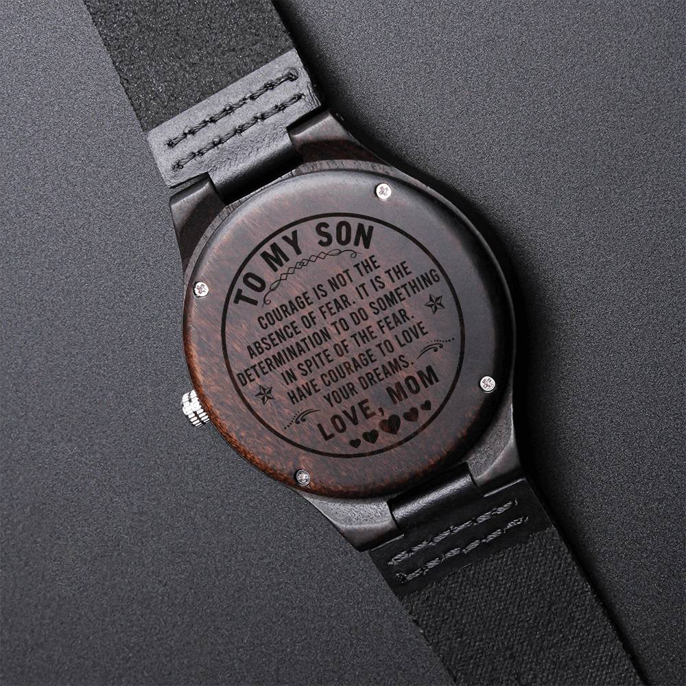 Sandalwood Watch, Courage Quote Engraved Wooden Watch for Son, Genuine Leather Band Wood Wristwatch, Birthday Christmas Prese
