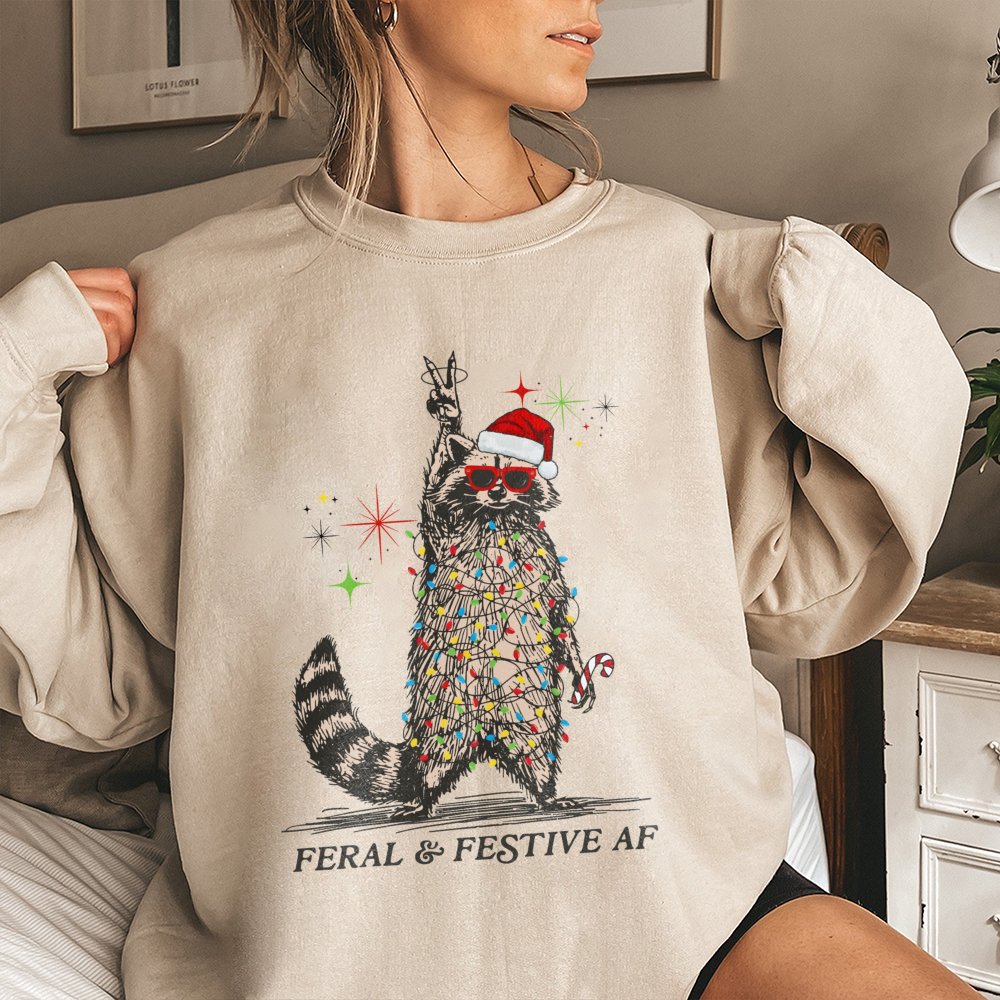 Tangled Lights Holiday Crewneck, Feral and Festive Raccoon Christmas Sweatshirt, Humorous Animal Xmas Pullover, Ugly Christma