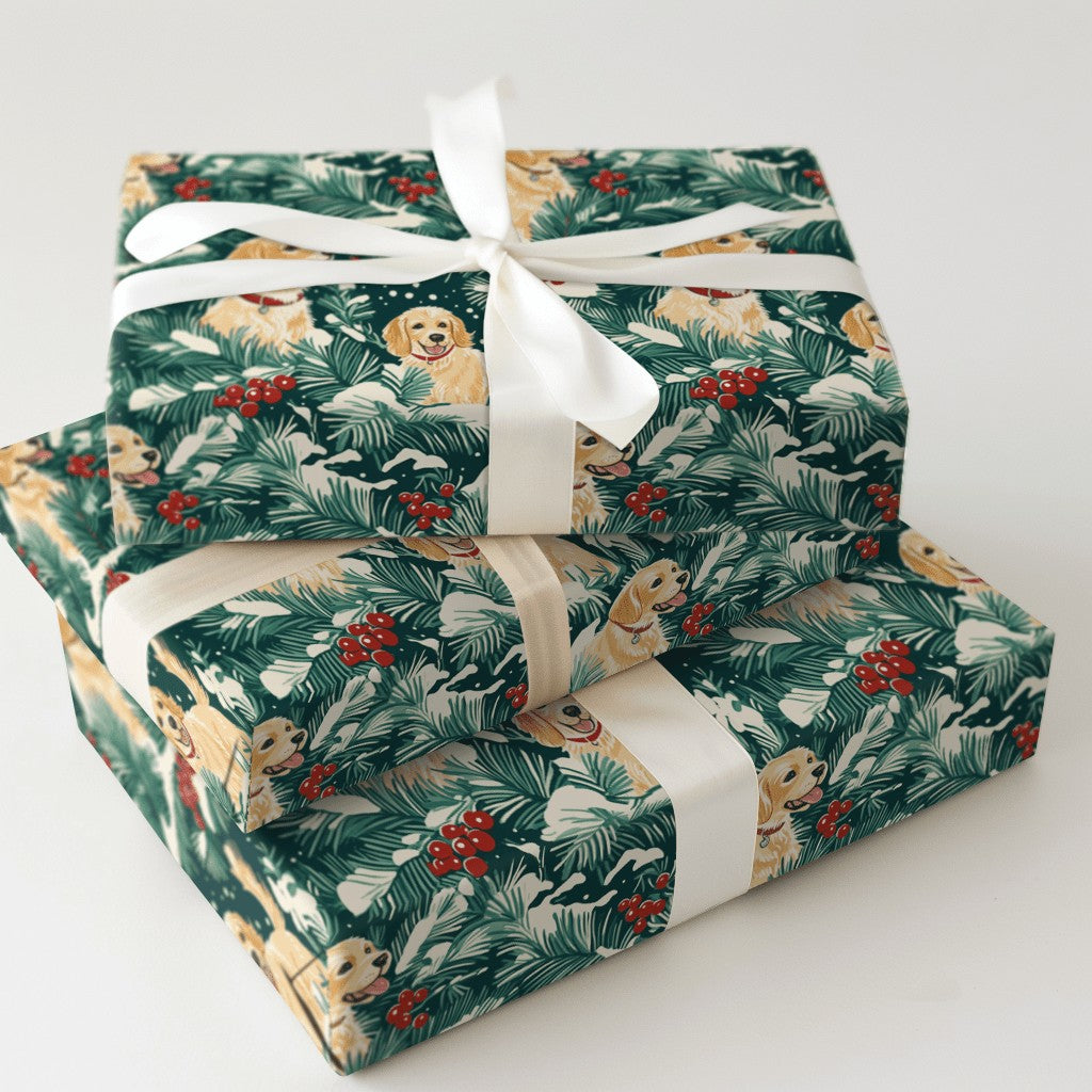 Snowy Pine Holly Dog Gift Wrap, Golden Retriever Wrapping Paper, Winter Dog Lover Holiday Wrapping Paper, Christmas Puppy Wra