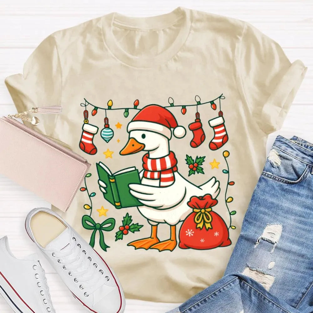 Humorous Holiday Bookworm Goose Shirt, Christmas Goose Reading Book T-Shirt, Adorable Winter Reading Tee, Book Lover Christma