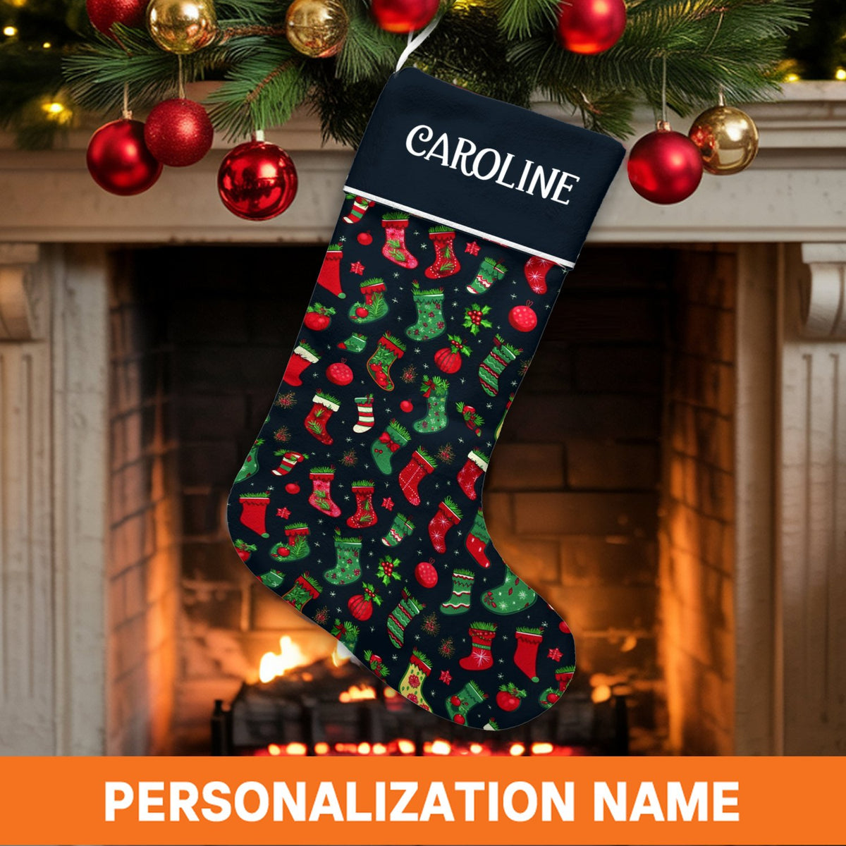 Custom Name Holiday Stocking, Personalized Red and Green Ornament Christmas Stocking, Festive Xmas Stocking, Family Holiday D