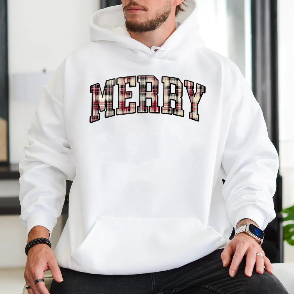 Plaid Varsity Lettering Christmas Hoodie, Merry Christmas Hoodie, Retro Holiday Hoodie, Comfy Winter Graphic Sweatshirt, Pres