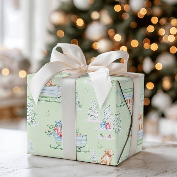 Watercolor Dog Christmas Gift Wrap, Golden Doodle Sleigh Wrapping Paper, Puppy Winter Holiday Wrapping Paper, Dog Lover Gift 