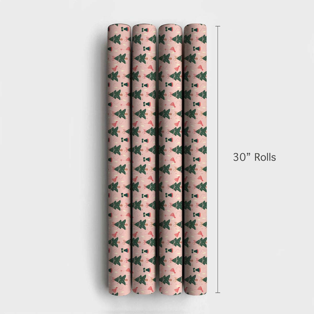 Whimsical Holiday Gift Wrap, Pink Christmas Tree Wrapping Paper, Santa Hat and Bells Xmas Wrapping Paper, Adorable Festive Gi
