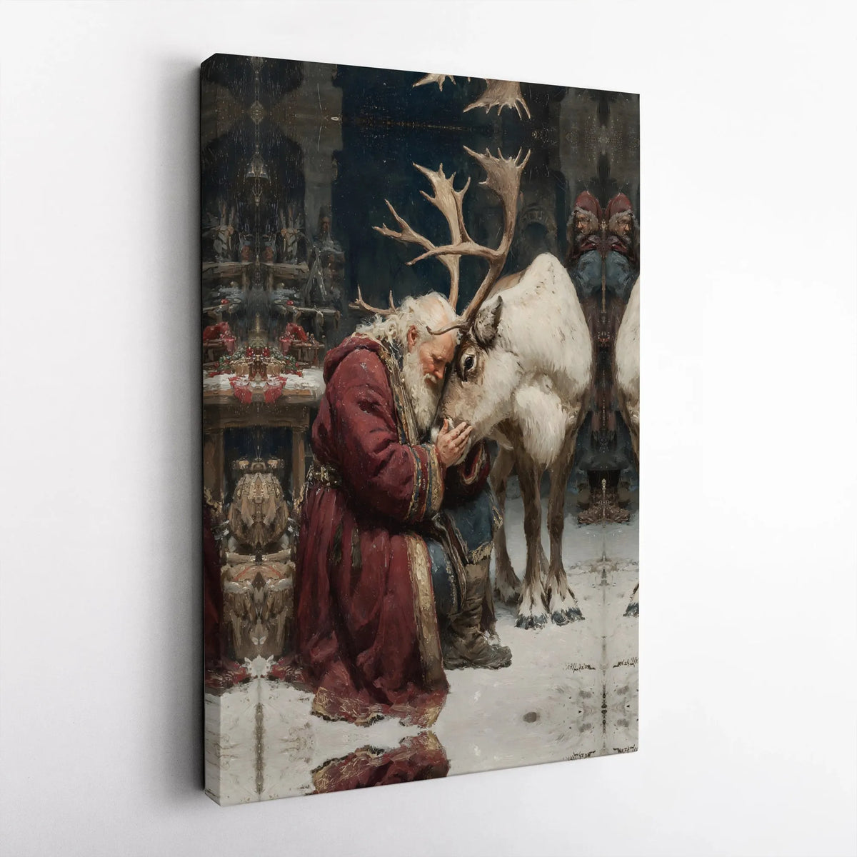 Winter Holiday Painting Canvas Print, Santa Claus and Reindeer Canvas Wall Art, Christmas Season Canvas Decor, Festive Holida