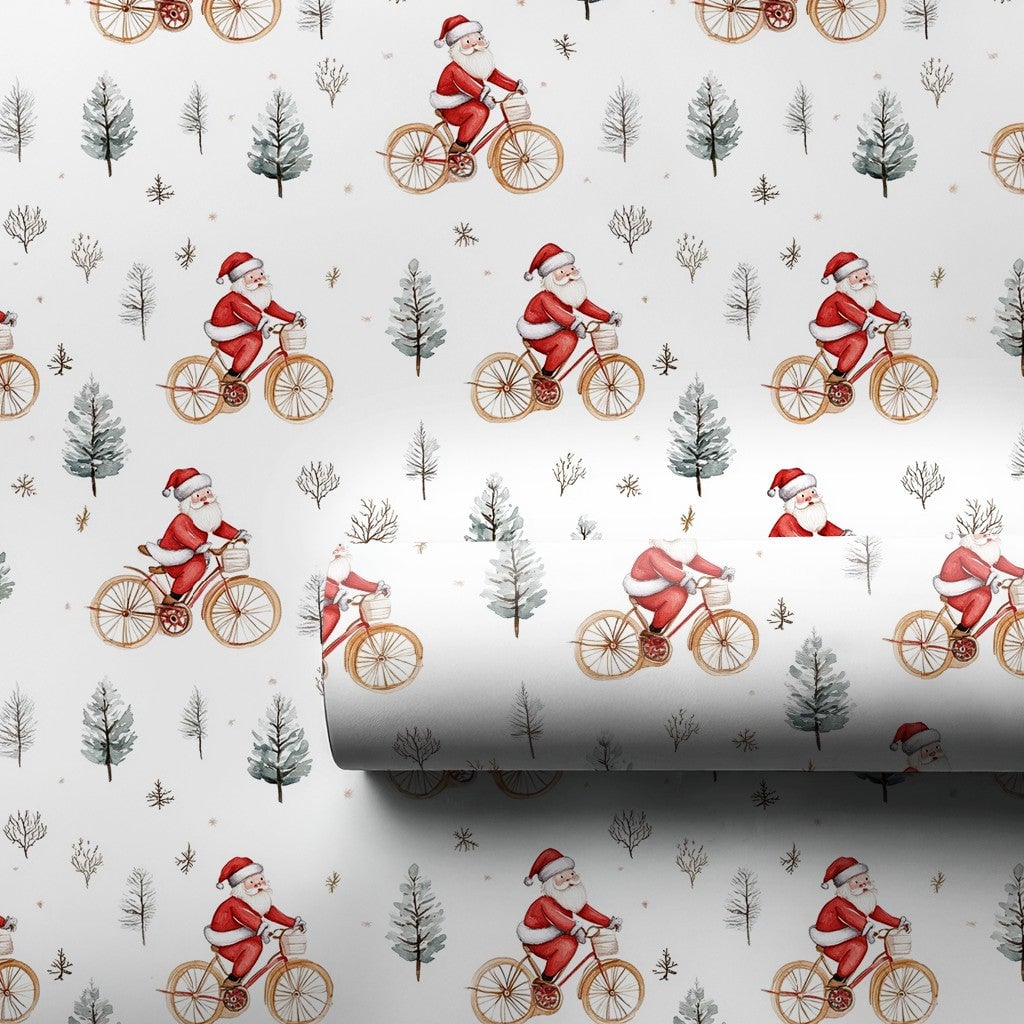 Winter Forest Gift Wrap, Santa on Bicycle Wrapping Paper, Watercolor Christmas Wrapping Paper, Holiday Gift Wrap, Xmas Presen