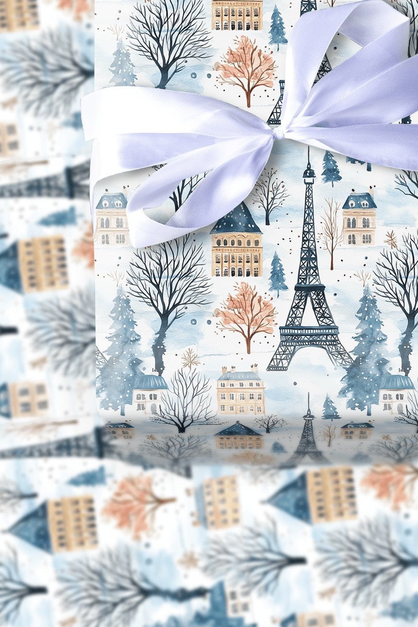 Snowy Eiffel Tower Gift Wrap, Paris Winter Wrapping Paper, French Cityscape Present Paper, Paris France Christmas Holiday Wra
