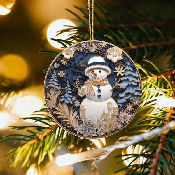 Faux Paper Art Snowman Ornament, Quilled Paper Snowman Christmas Ornament, Winter Holiday Tree Ornament, Ceramic Xmas Tree De