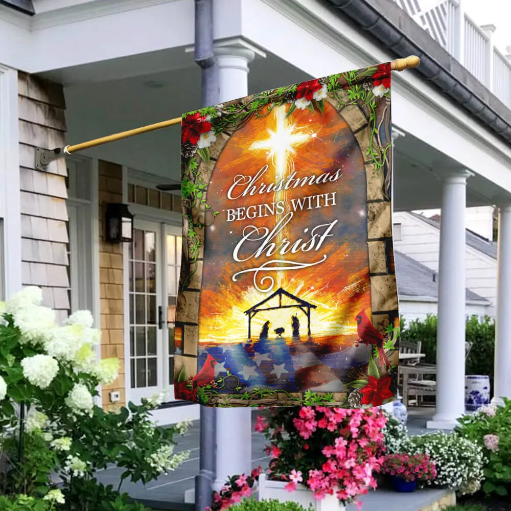 Holy Family Nativity Scene Yard Flag, Christmas Begins with Christ Garden Flag, Double-Sided Christian Christmas Lawn Flag, X