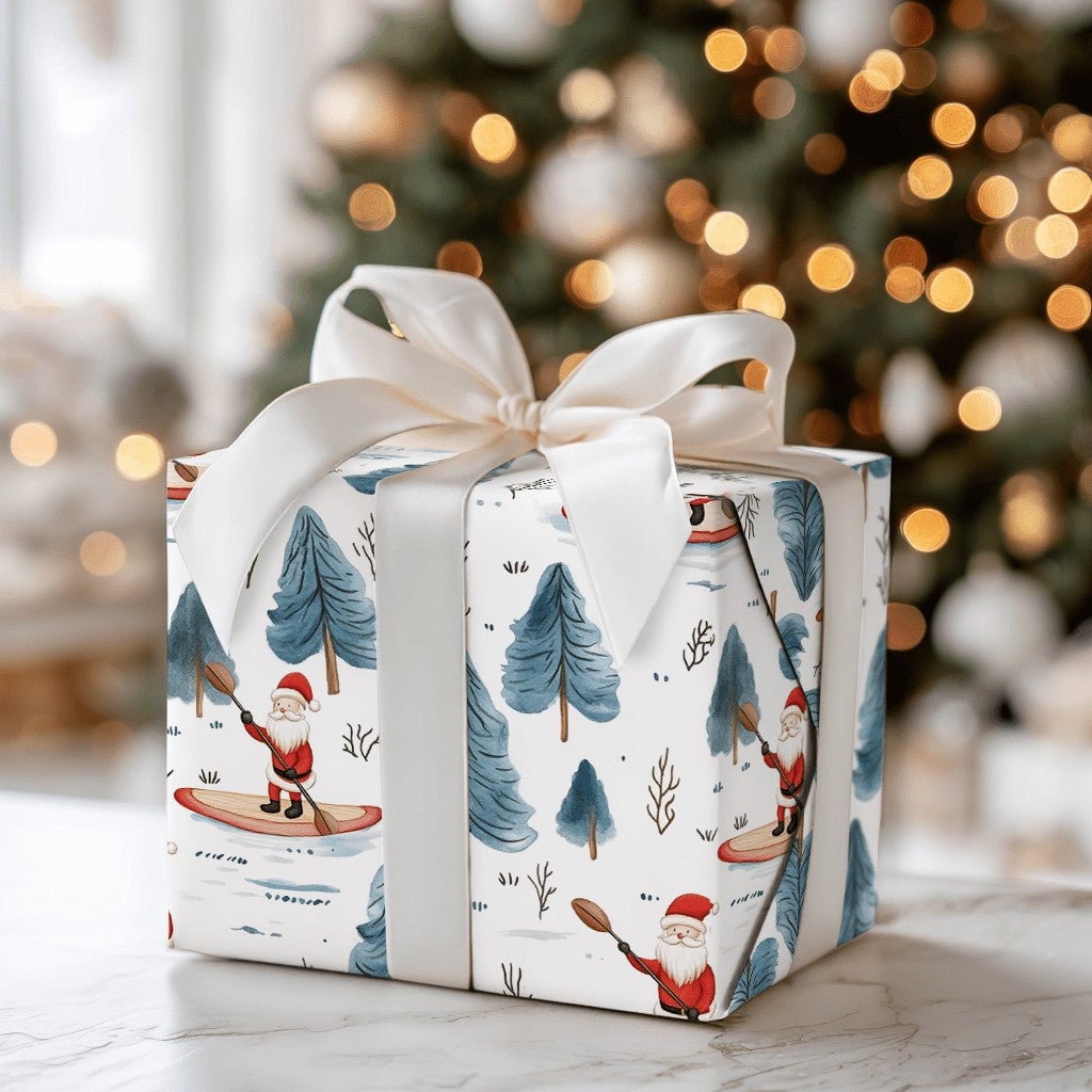 Winter Forest Holiday Gift Wrap, Paddleboarding Santa Wrapping Paper, Outdoor Santa Claus Paper, Christmas Present Wrapping P