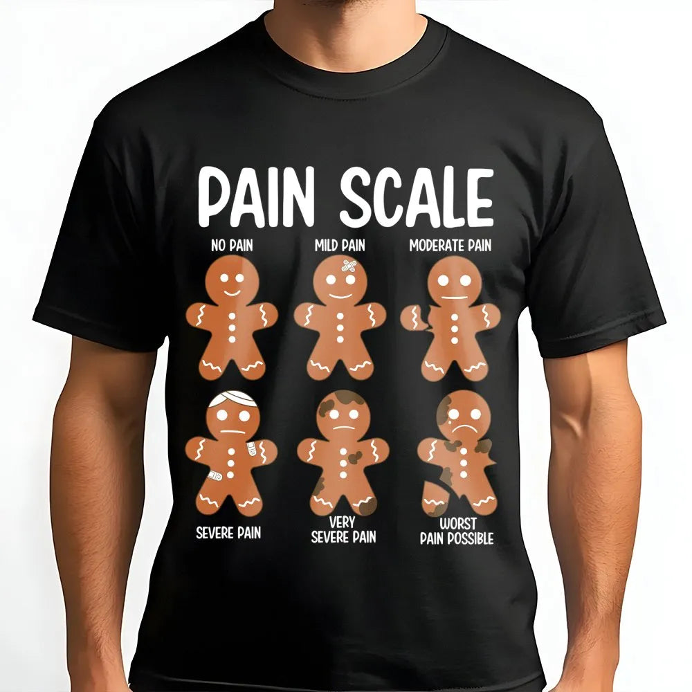 Humorous Holiday Cookie Medical Shirt, Gingerbread Man Pain Scale T-Shirt, Nurse Christmas Graphic Tee, Doctor Healthcare Sta