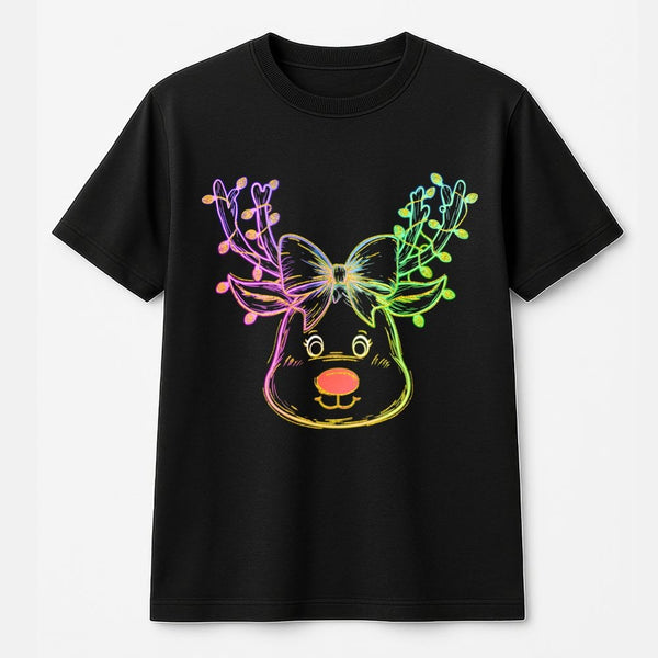 Coquette Bow Holiday T-Shirt, Neon Reindeer Christmas T-Shirt, Retro Adorable Deer Graphic Tee, Festive Girly Winter Top, Xma