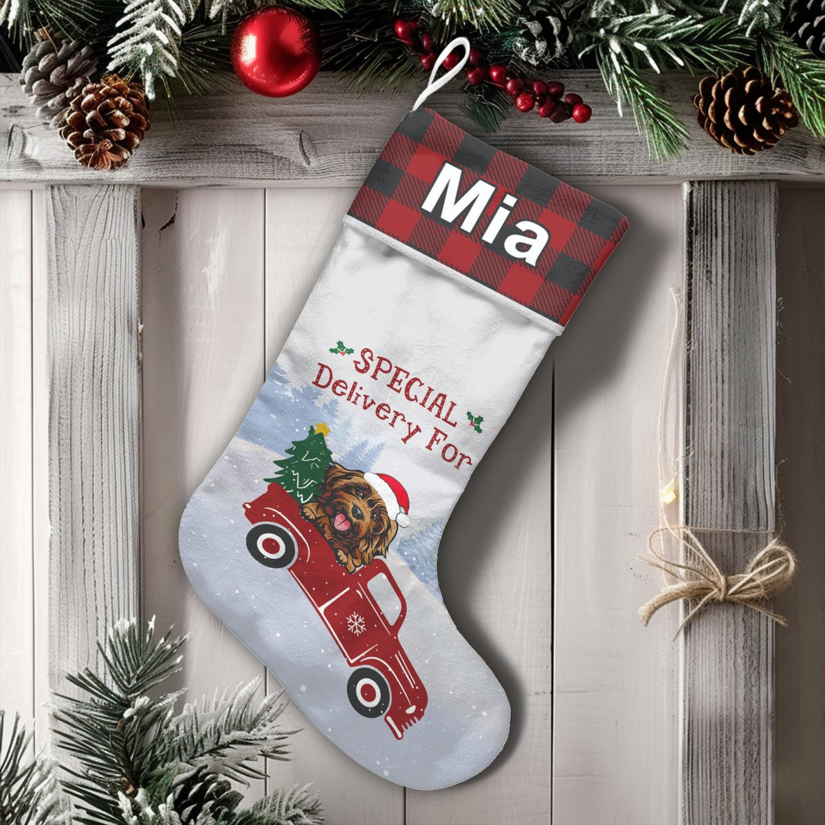 Vintage Truck Holiday Stocking, Personalized Dog Red Truck Christmas Stocking, Dog Lover Christmas Stocking, Custom Pet Xmas 