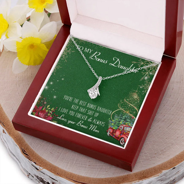 Stepdaughter CZ Ribbon Pendant, Bonus Daughter Ribbon Necklace, 14k White Gold Ribbon Necklace, Christmas Holiday Keepsake Je