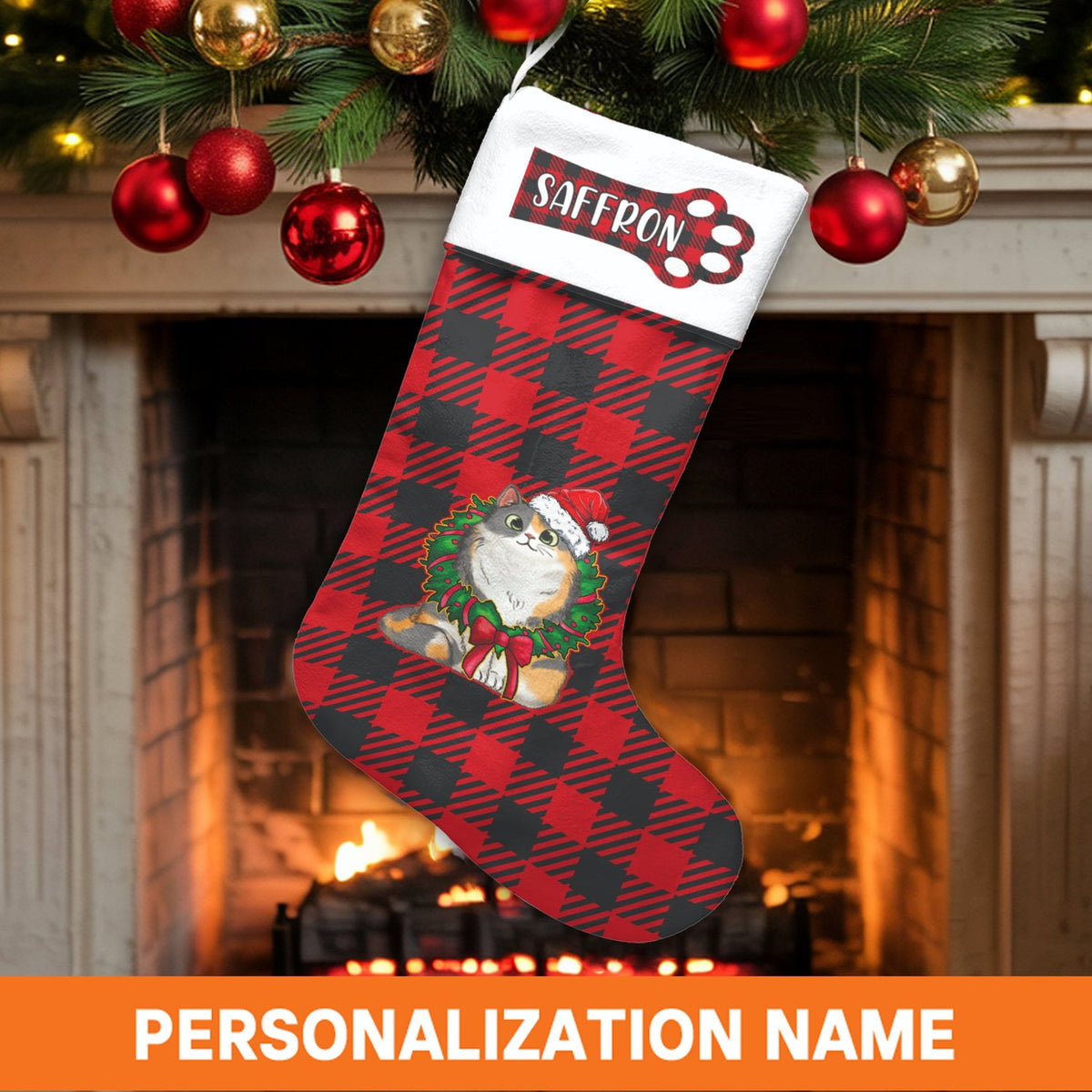 Calico Kitty Santa Hat Stocking, Personalized Cat Christmas Stocking, Custom Pet Christmas Stocking, Velboa Holiday Decor for